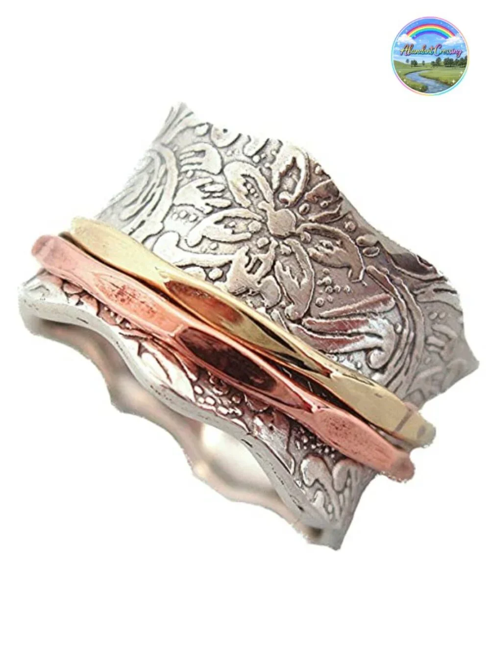 Floral Design 925 Sterling Silver Spinner Ring with Brass & Copper Bands for